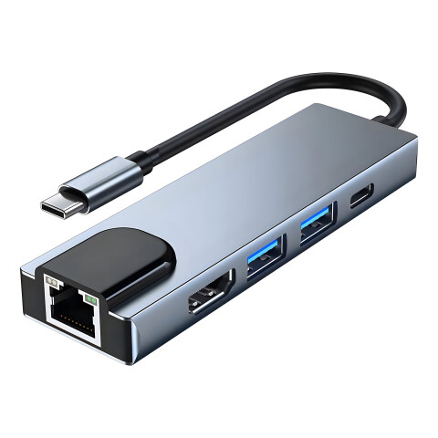Adaptador Hub Tipo C 5 en 1 Ethernet HDMI 4K 2 USB 3.0 Mac Color Gris