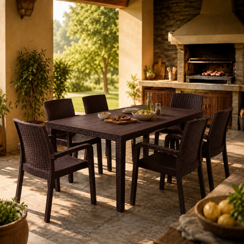 Juego de Jardín 6 Sillas Trend con apoya brazos + Mesa 90x150 MARRON