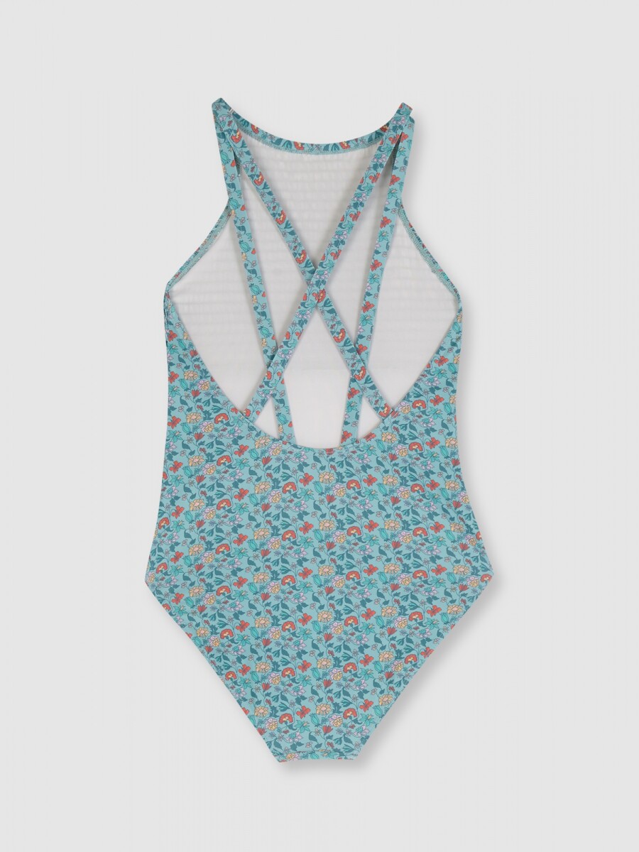 Bañador Estampado Flores Azul Claro