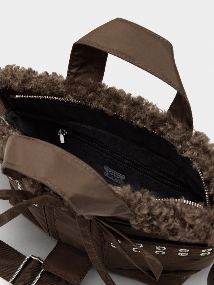 Bolso Tote De Nylon Borde Efecto Pelo marron