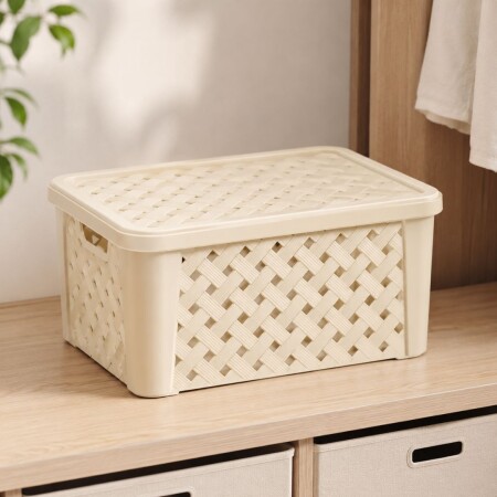 Caja organizadora simil rattan con tapa - CREMA Caja organizadora simil rattan con tapa - CREMA