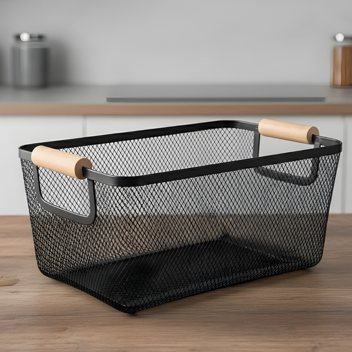 Cesto organizador metal con asa de madera - NEGRO 