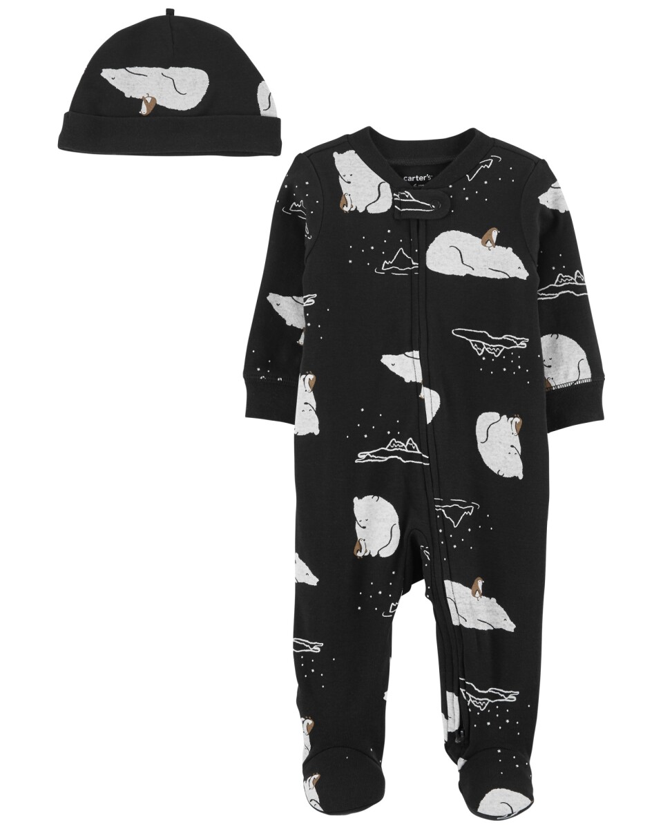 Pijama una pieza con pie y doble cierre de algodón más gorro diseño oso polar 