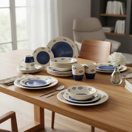 Juego Vajilla 16 Piezas Cerámica 4 Personas Diseño Moderno Azul/blanco