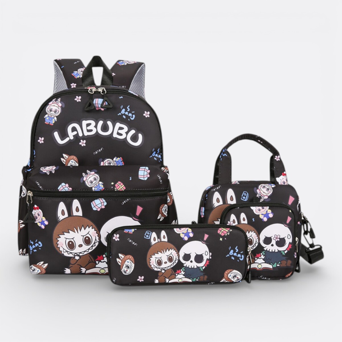 Kit Labubu Mochila + Cartuchera + Lonchera - Negro 