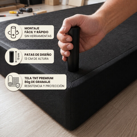 Base Box Sommier Tapizada Negra para Colchón 200x200x35 Doble