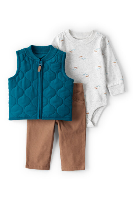 Set tres piezas, chaleco capitoneado azul, pantalón y body de algodón Sin color