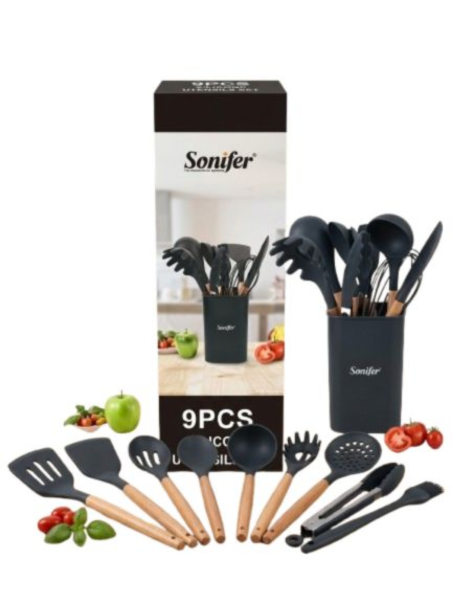 Set Utensilios Cocina Sonifer Silicona Mango Madera 9 Piezas - Negro — Lasa