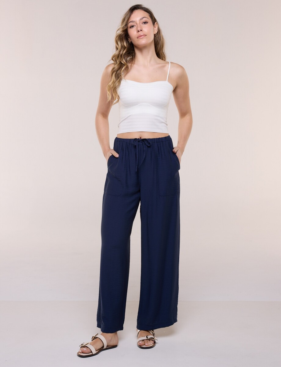 Pantalon Holgado Con Cordón Ajustable Y Bolsillos - Azul 