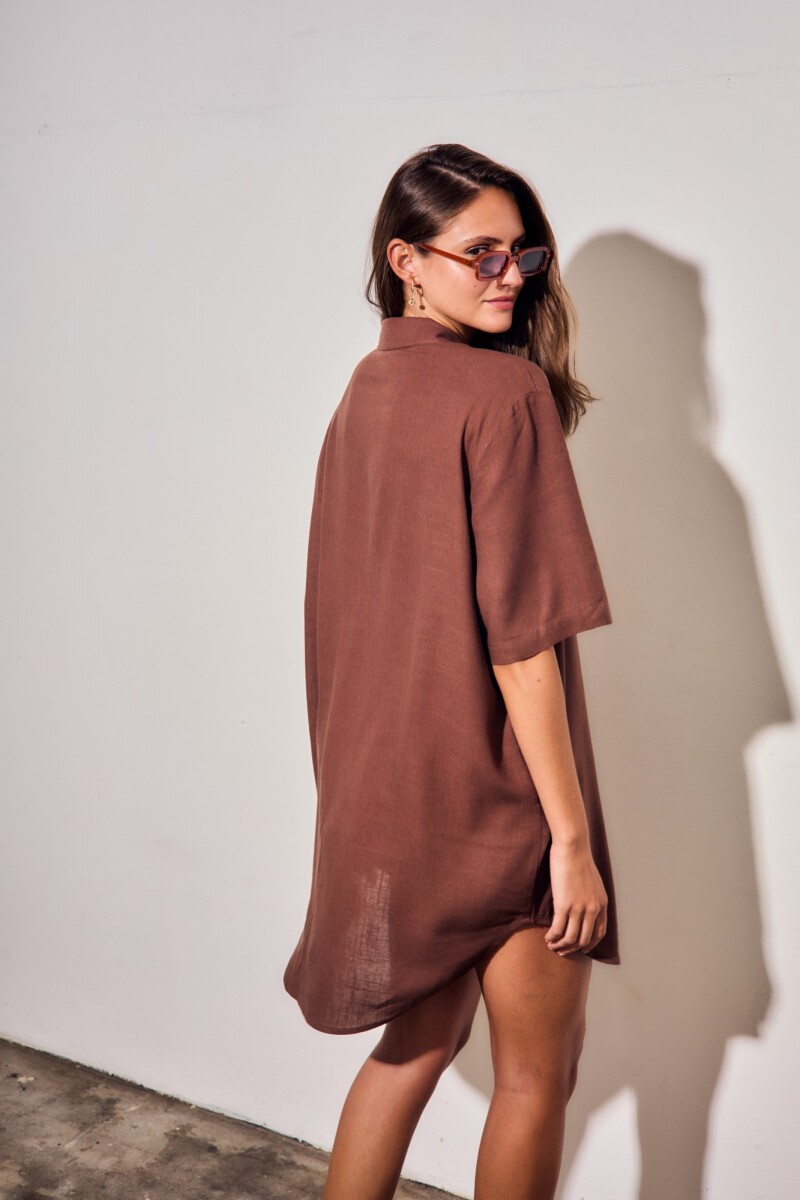 Vestido Camisero Con Lino Marron
