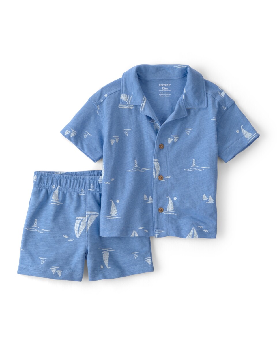 Set dos piezas de algodón, short y camisa, azul, diseño veleros. Talles 6-24M 