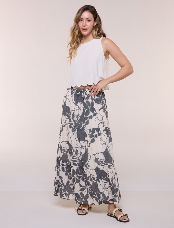 Falda Floral Con Volados Escalonados NEGRO/BEIGE
