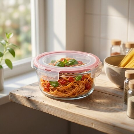 Pote hermético de vidrio con división 800 ml TRANPARENTE BORDE ROJO