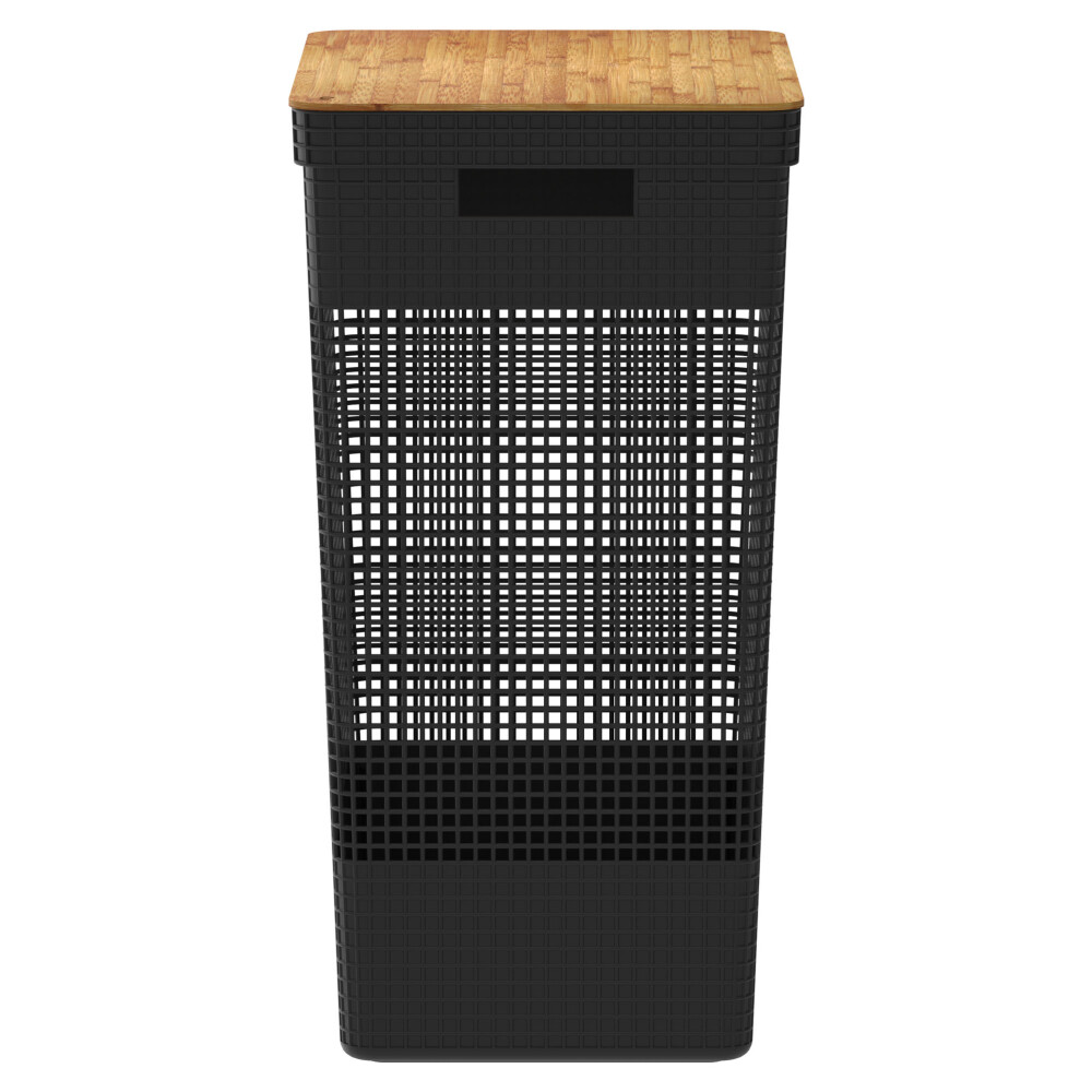 CESTA C/TAPA BAMBÚ PLASTICO-RECICLADO NEGRO GRID 49L