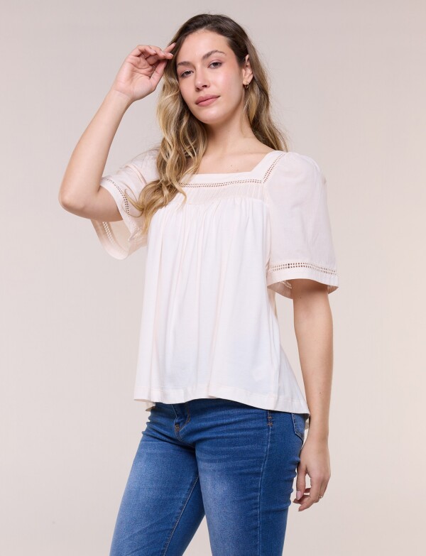 Blusa Holgada Escote Cuadrado Con Puntilla Calada BEIGE CLARO