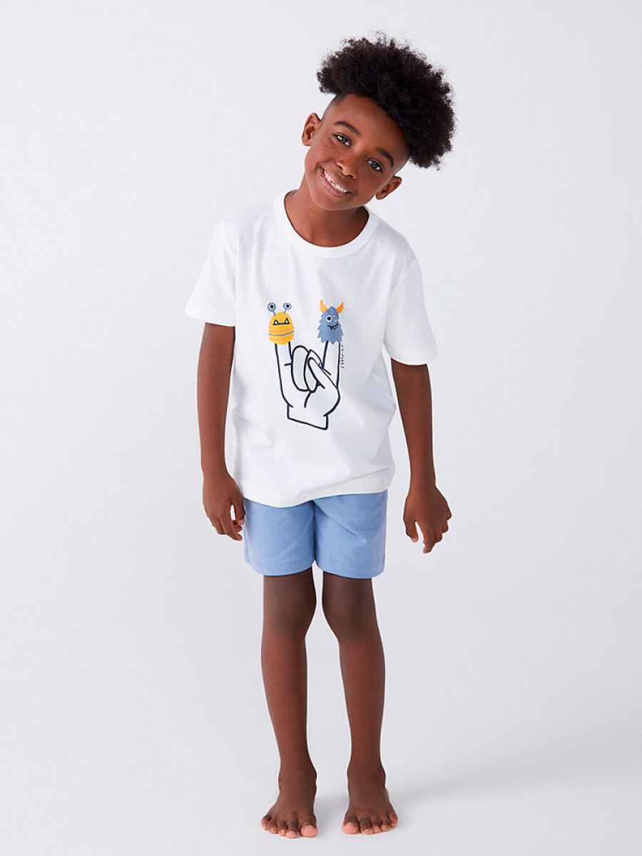 PIJAMA DE NIÑO CON ESTAMPA Y BERMUDA - BLANCO 