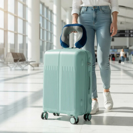 Set Valija Grande Rígida + Almohadón Cervical Memoria Azul Celeste