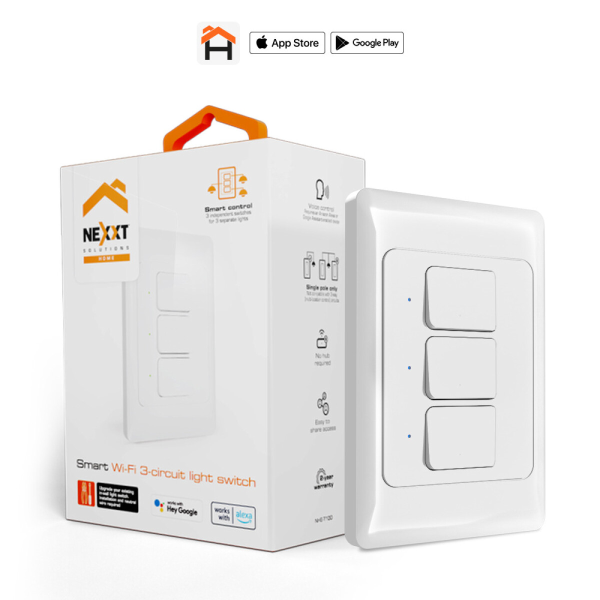 Interruptor Smart Wi-fi 3-circuitos Nexxt NHE-T100 White