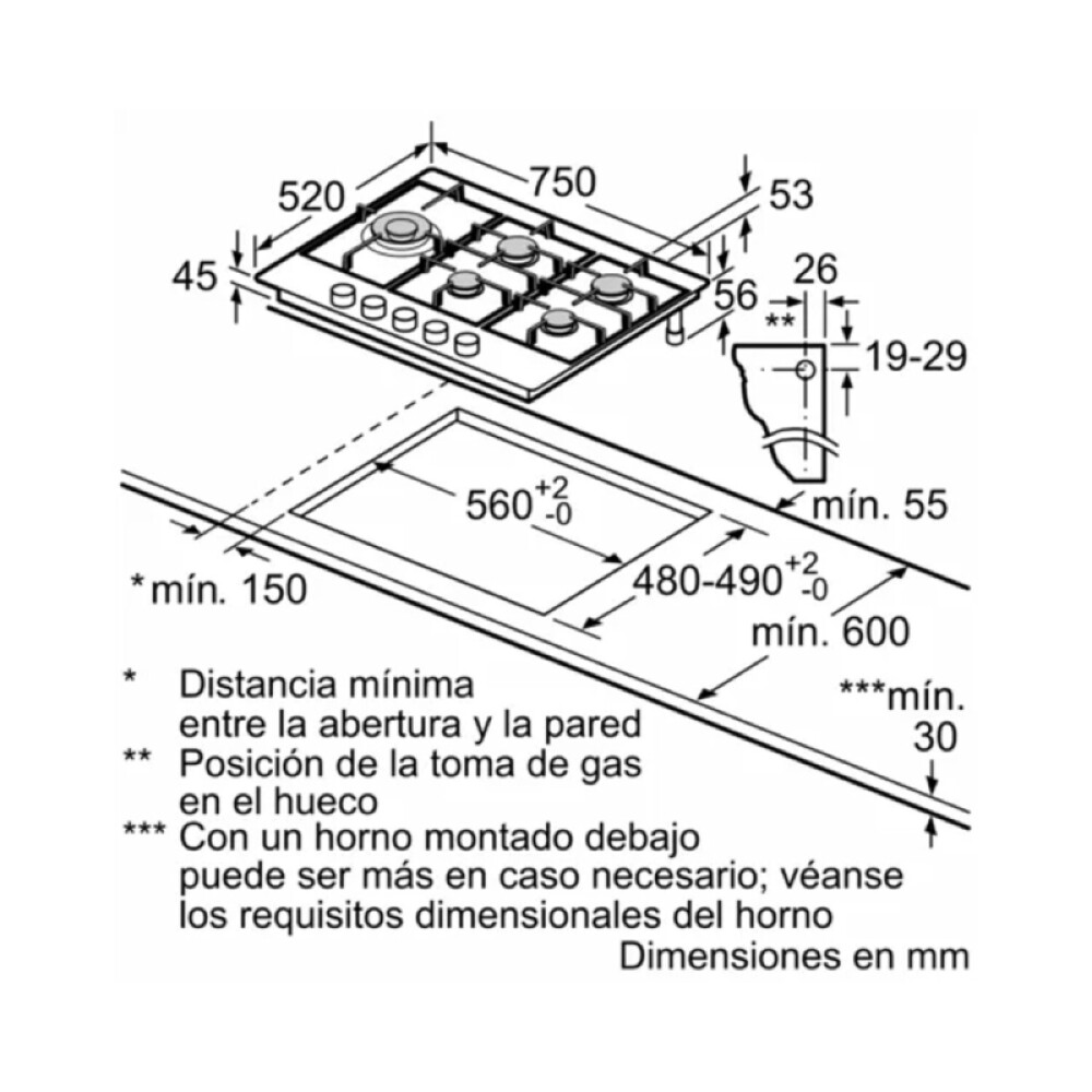 Anafe a gas Bosch PCS7A5B90 Inox 75cm negro