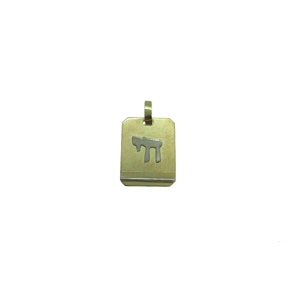 Medalla de oro amarillo 18k rectangular con Jai Medalla de oro amarillo 18k rectangular con Jai