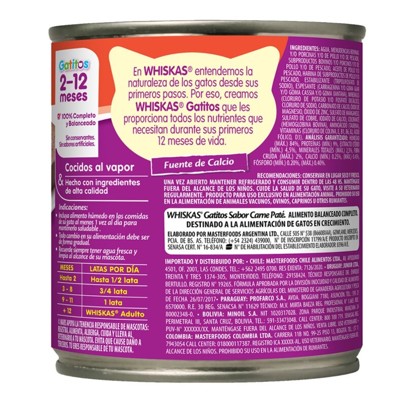 WHISKAS PATE LATA ALIMENTO HUMEDO GATITOS CARNE 340 GRAMOS