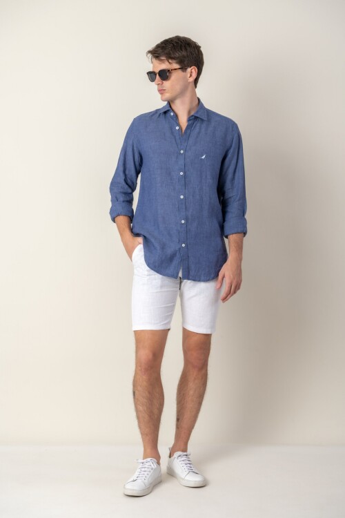 Camisa short collar lino Azul