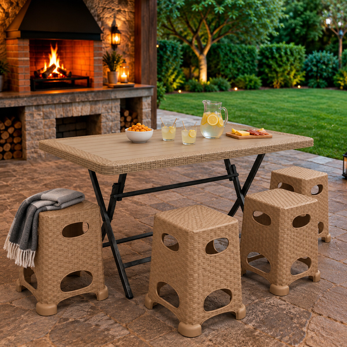 Juego De Jardín Mesa Plegable 4 Bancos - Beige 