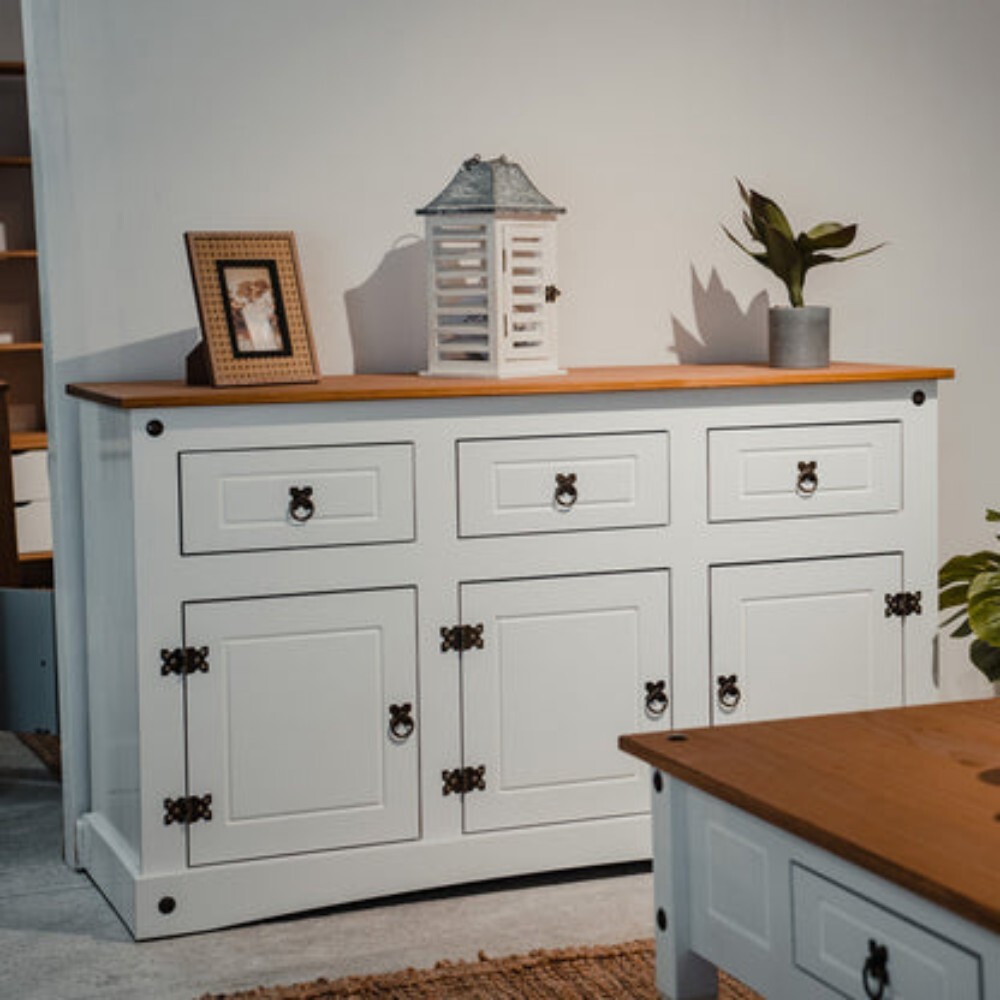 APARADOR BUFFET DE 3 PUERTAS 3 CAJONES MADERA MACIZA LÍNEA MEXICANA BLANCO