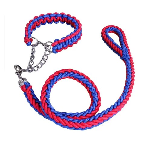 Correa Collar Reforzado Perros Semi Ahorque Cuerda Trenzada Variante Color Rojo y Azul