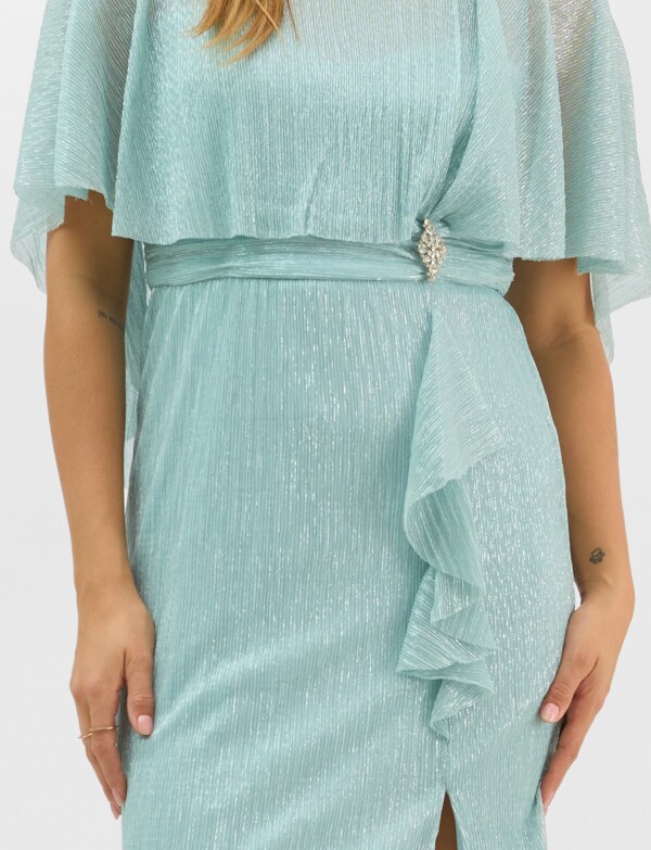 Vestido Con Capa Fluida & Detalle En Cintura VERDE AGUA