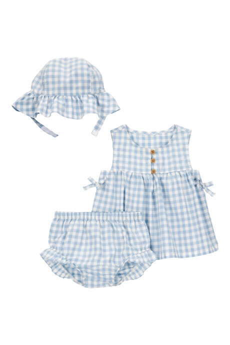 Set tres piezas de algodón, short, blusa sin mangas y gorro, diseño a cuadros Sin color