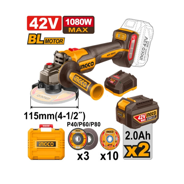 AMOLADORA ANGULAR A BATERIA BRUSHLESS 42V 115MM 4-1/2´´ C/ 2 BAT 2.0AH + CARG AMOLADORA ANGULAR A BATERIA BRUSHLESS 42V 115MM 4-1/2´´ C/ 2 BAT 2.0AH + CARG