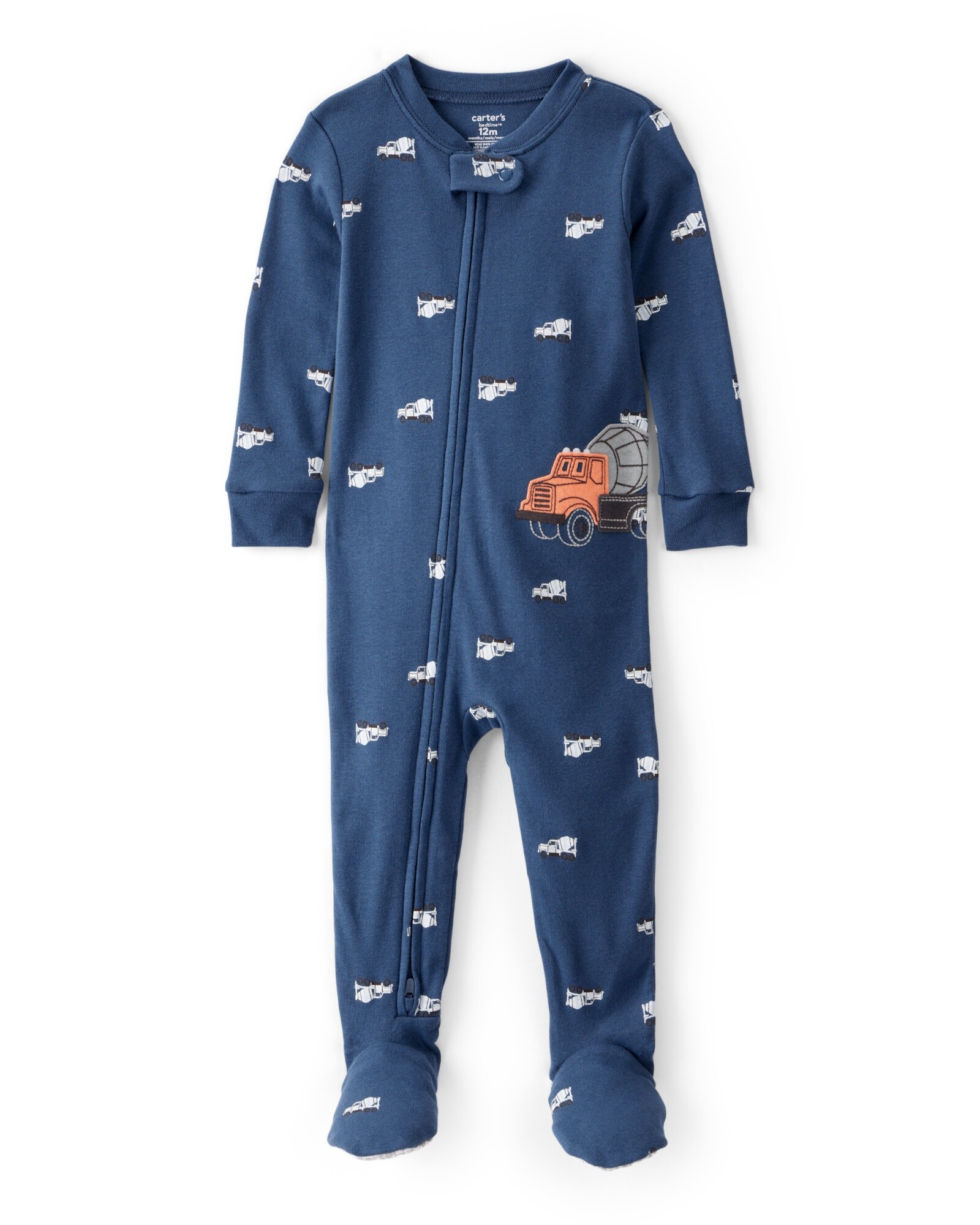 Pijama una pieza de algodón, con pie, diseño camiones de construcción Sin color