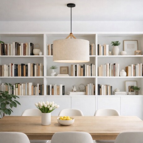 Colgante pantalla de tela natural y detalles en madera 56cm Colgante pantalla de tela natural y detalles en madera 56cm