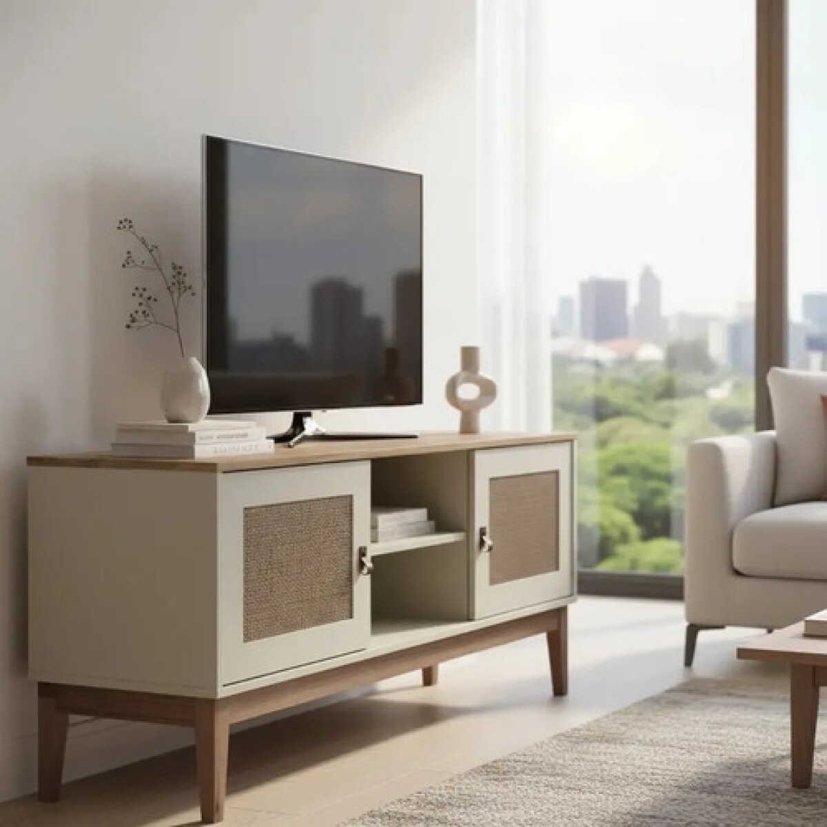 Rack Para Tv 50'' Rattan 2 Puertas 1 Estante 135 Cm Nórdico - Blanco 1 