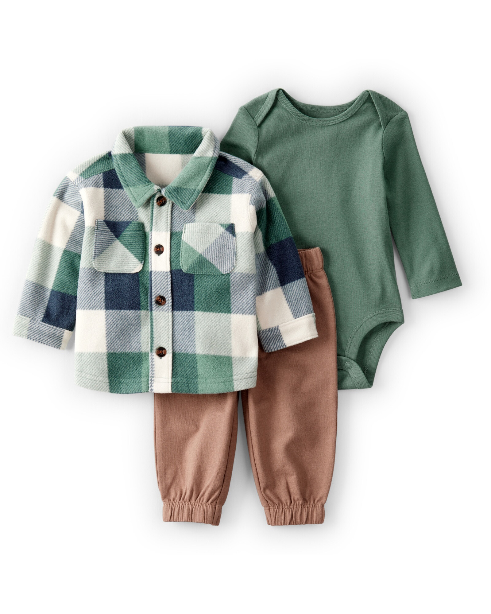 Set tres piezas, pantalón y body de algodón, más camisa de micropolar Set tres piezas, pantalón y body de algodón, más camisa de micropolar