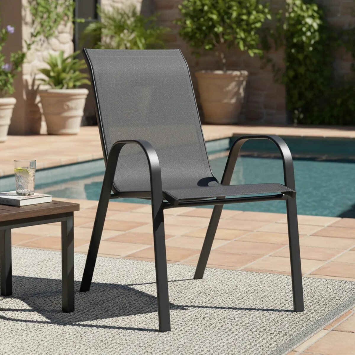 Silla De Jardín De Metal Y Textilina Apilable con Apoyabrazos - NEGRO 