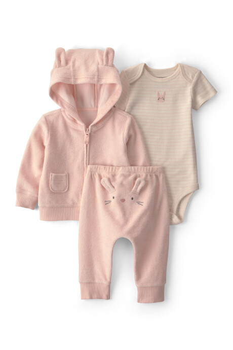 Set tres piezas de algodón, campera y pantalón de terry, más body, diseño conejo Sin color
