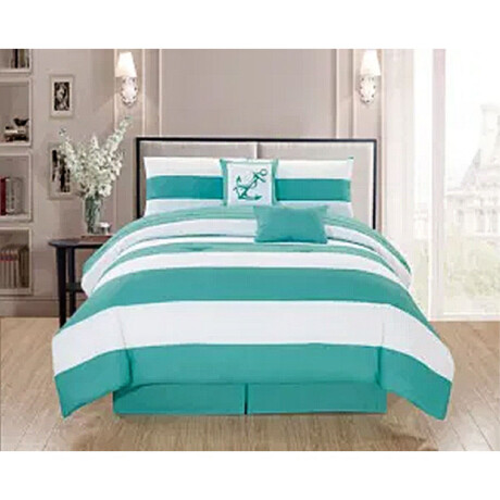 Set de Cama King 6 Piezas con Acolchado Almohadones Fundas Verde Agua/blanco