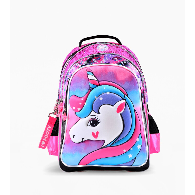 Mochila Footy Unicornio Relieve con Luz Led Fucsia - Negro