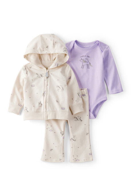 Set tres piezas de algodón, campera, pantalón y body, diseño fantasía Set tres piezas de algodón, campera, pantalón y body, diseño fantasía