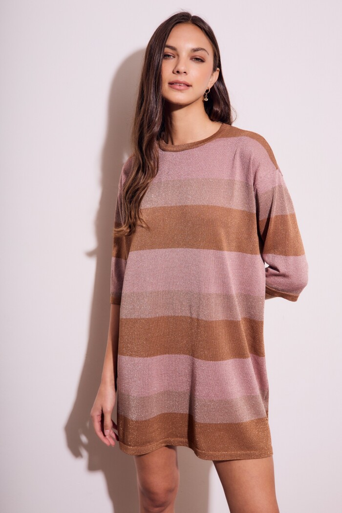 Vestido Tejido Rayado Lurex Rosa