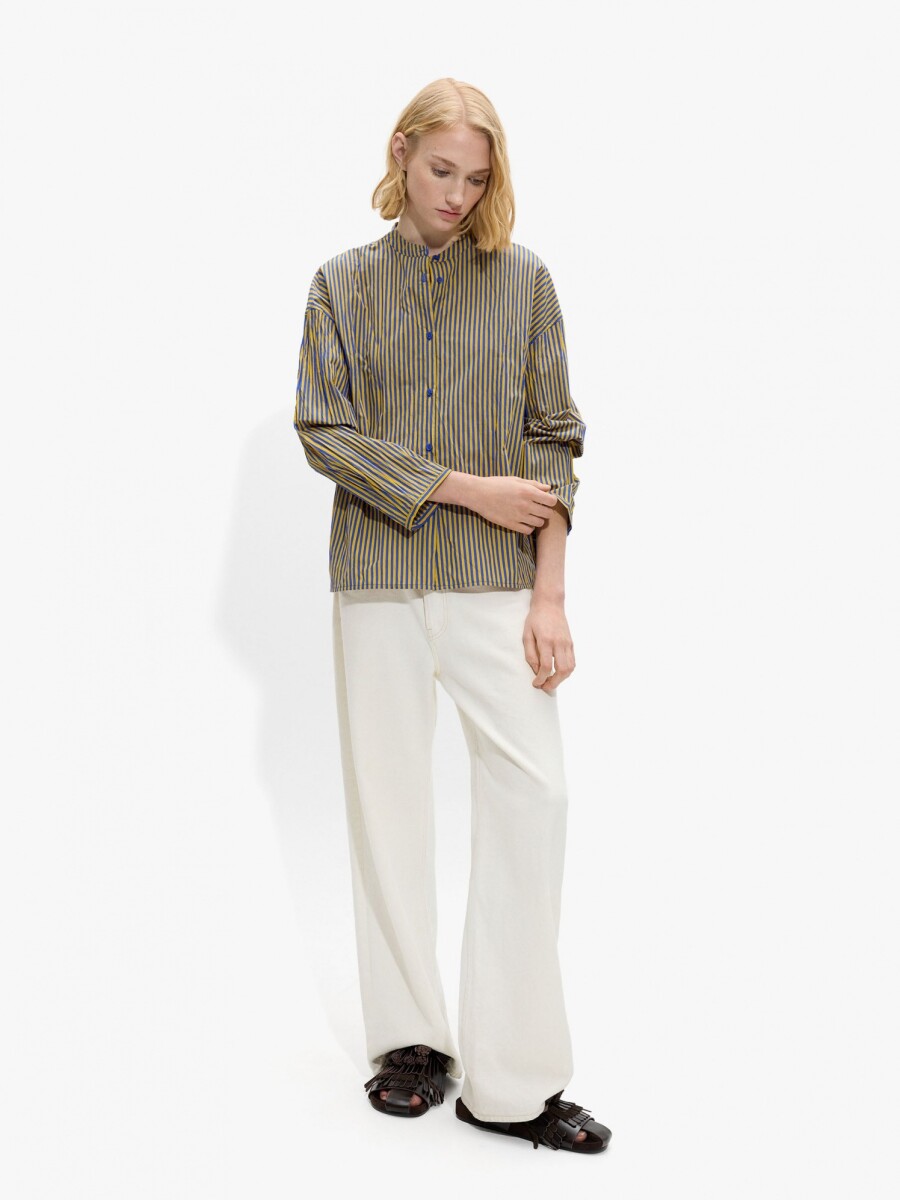 Camisa A Rayas Con Cuello Mao azul