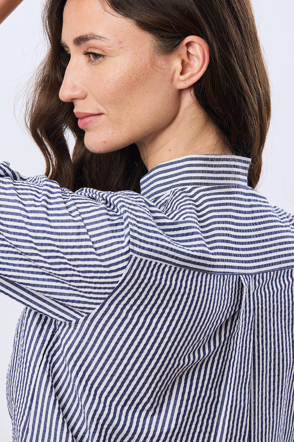 CAMISA RAYADA CON FRUNCES Azul