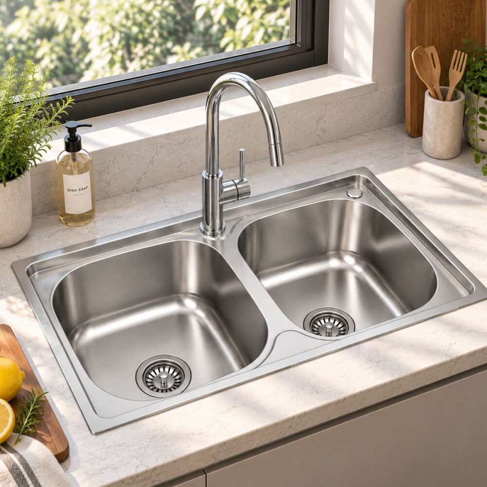 Pileta doble cocina acero inox. 201 Con Valvulas 78x43x21 cm Pileta Doble Cocina Acero Inox. 201 Con Valvulas 78x43x21 Cm
