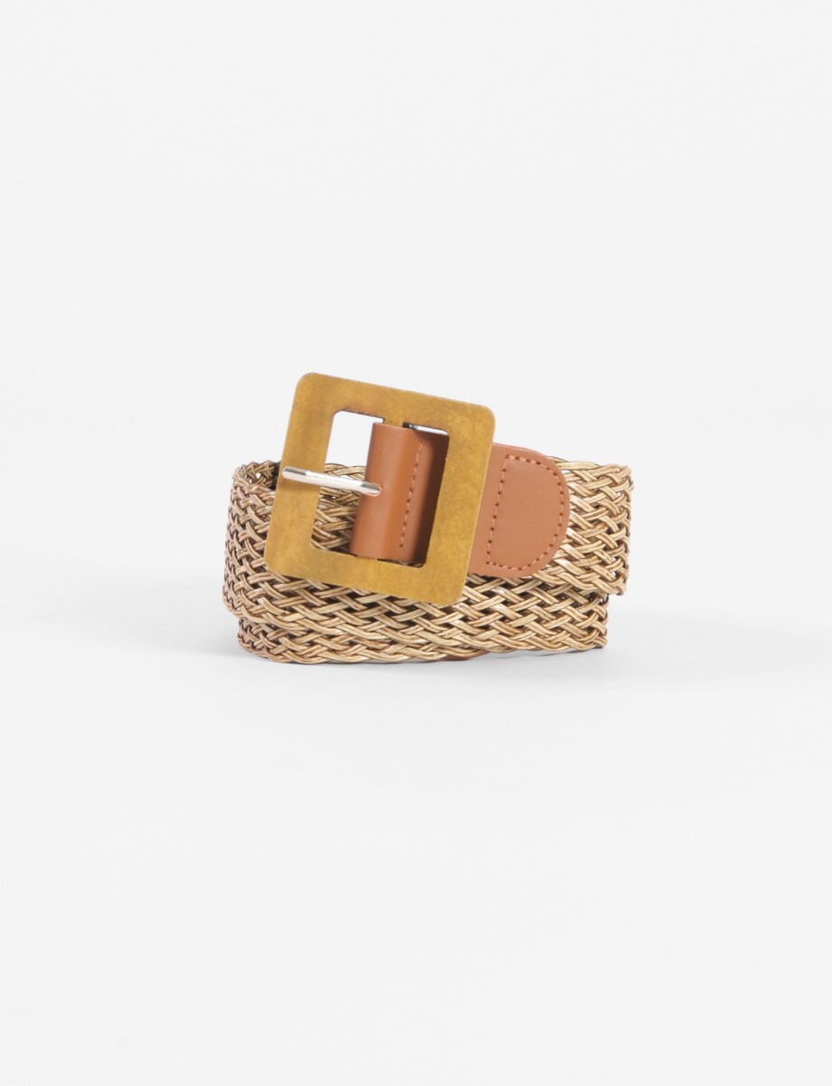 Cinturón rafia hebilla madera cuadrada - beige 