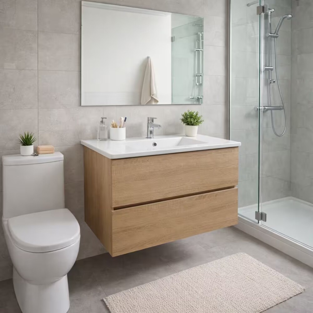 Mueble de baño suspendido Oak 80 cm con bacha de loza Mueble De Baño Suspendido Oak 80 Cm Con Bacha De Loza