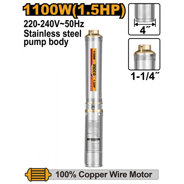 BOMBA SUMERGIBLE TUBO 1100W POZO SEMISURGENTE INGCO DWP11001 BOMBA SUMERGIBLE TUBO 1100W POZO SEMISURGENTE INGCO DWP11001
