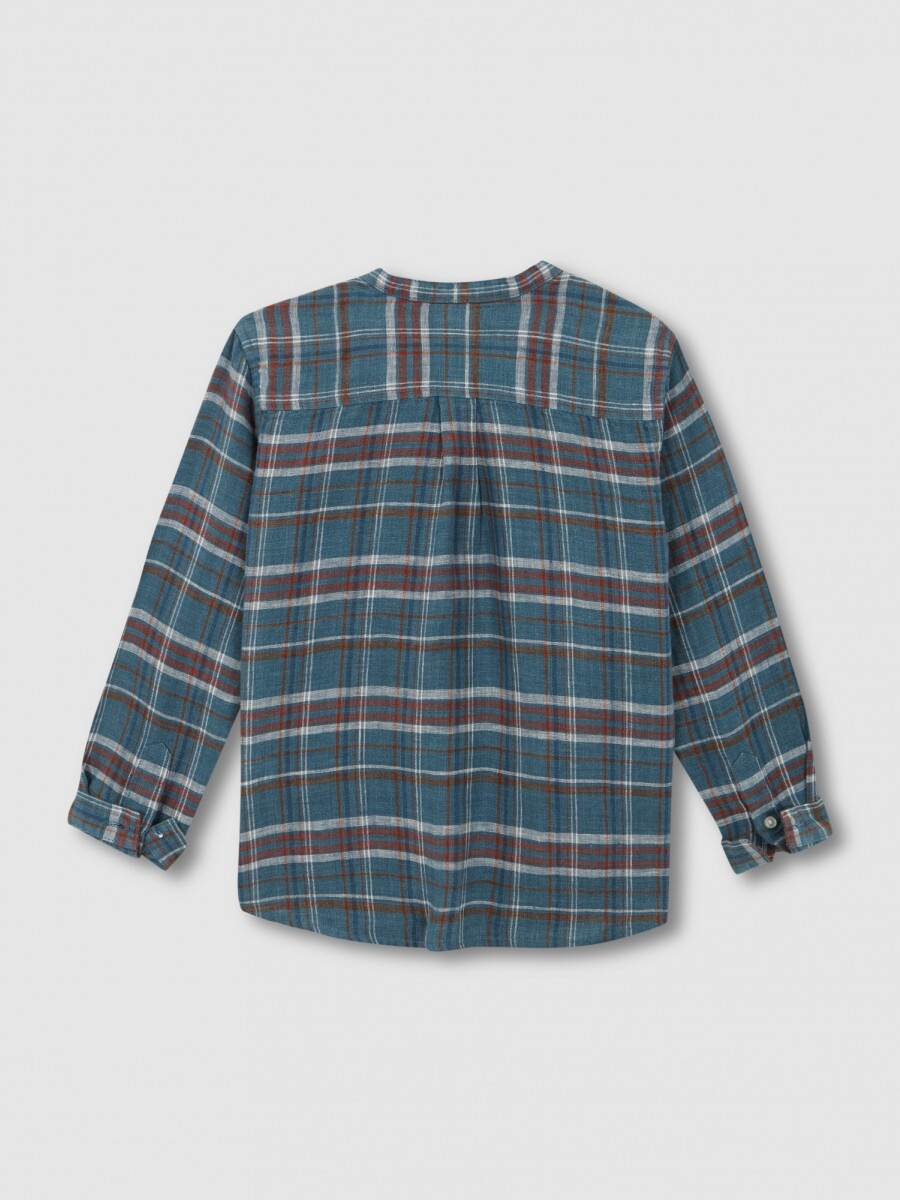 Camisa De Cuadros Cuello Mao Azul