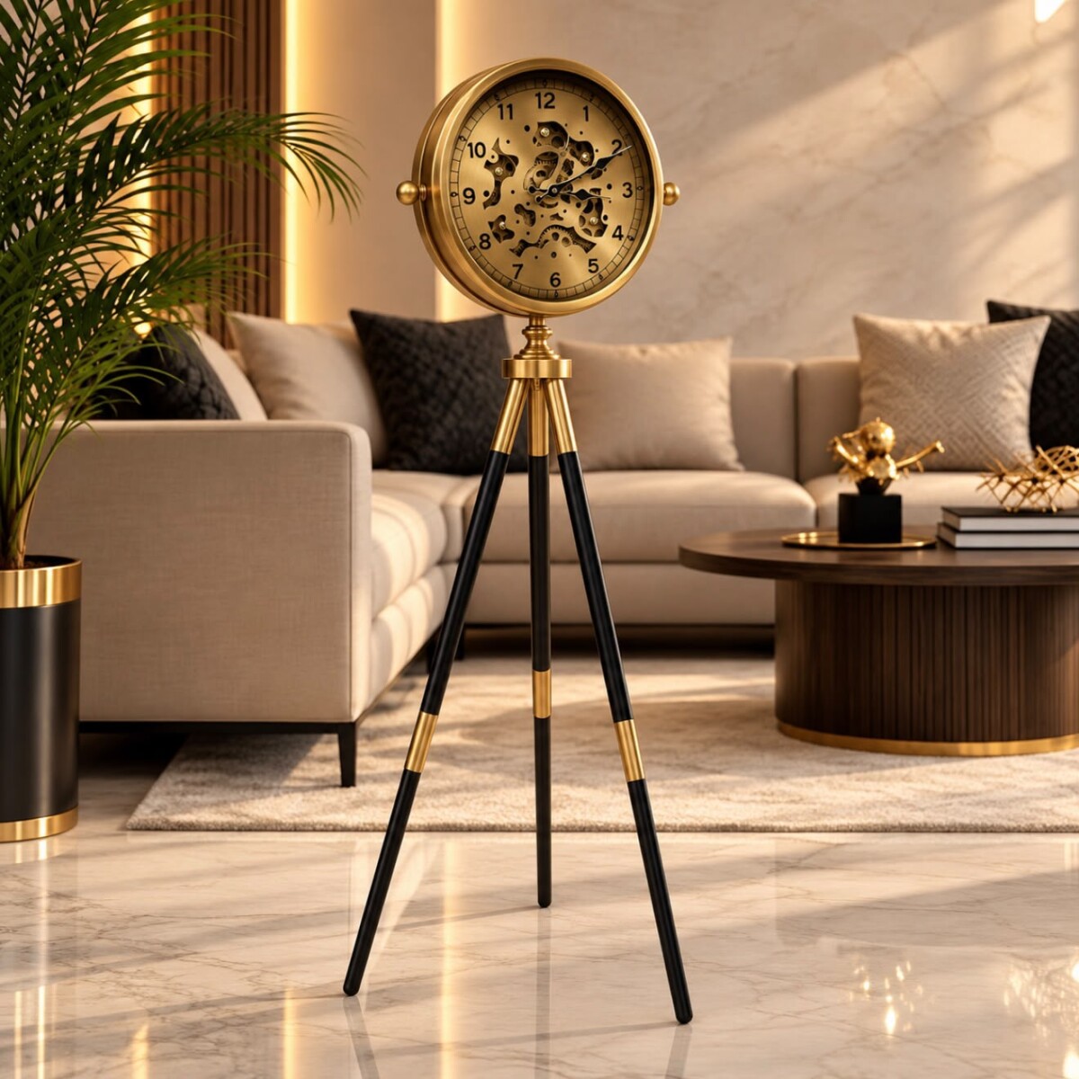 Reloj de Pie Decorativo Grande con Trípode Negro y Dorado Antiguo 